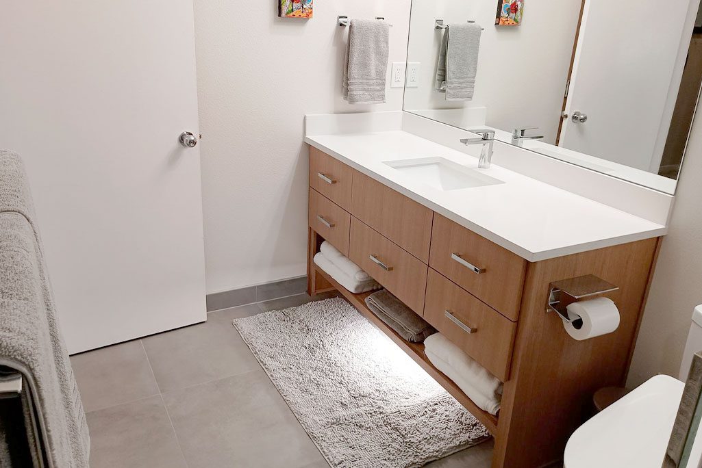 NW Portland Bathroom Remodel with Open Shelf Vanity