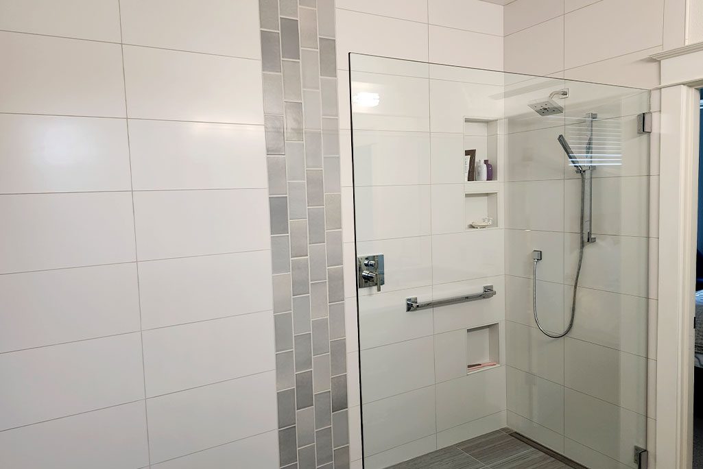 West Linn Finished Shower Remodel with White Tile and Grey Accents